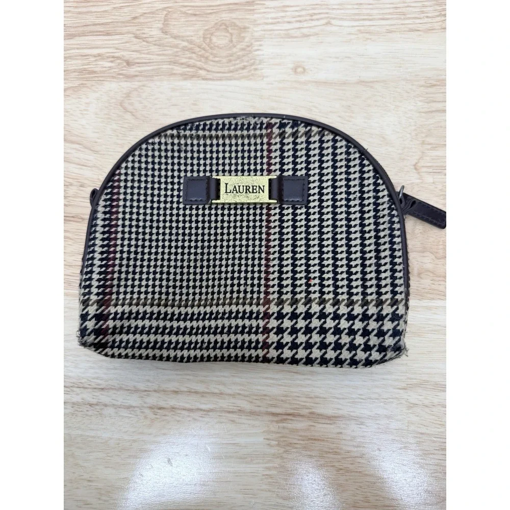 Lauren Ralph Lauren Vintage Houndstooth Cosmetic Bag Makeup Pouch‎ Brown Tan #39